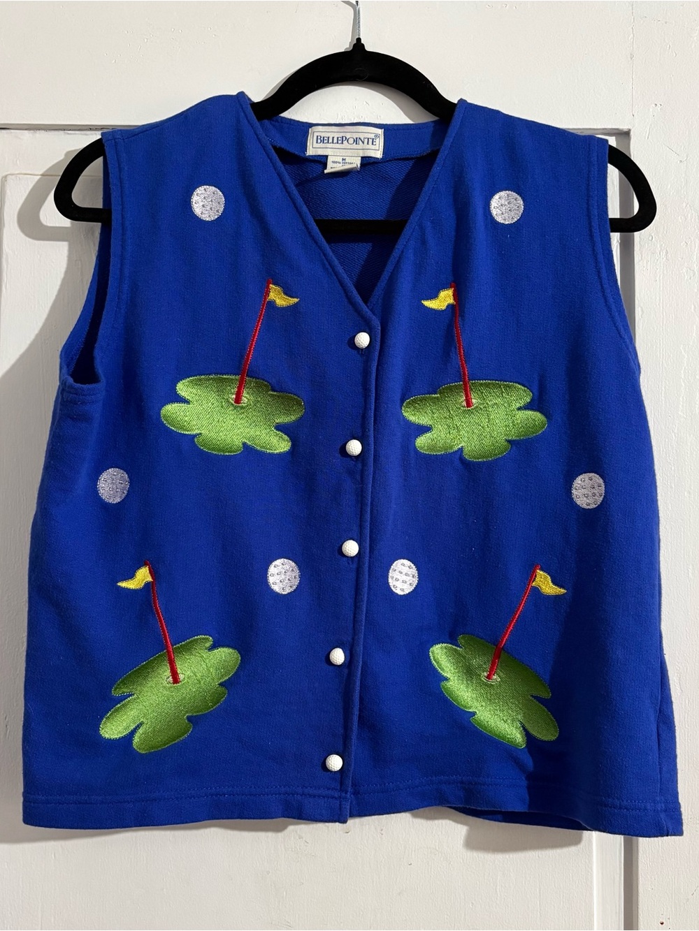 Vintage 90's Belle Pointe Royal Blue V-Neck Sweater Vest with Golf Patchwork